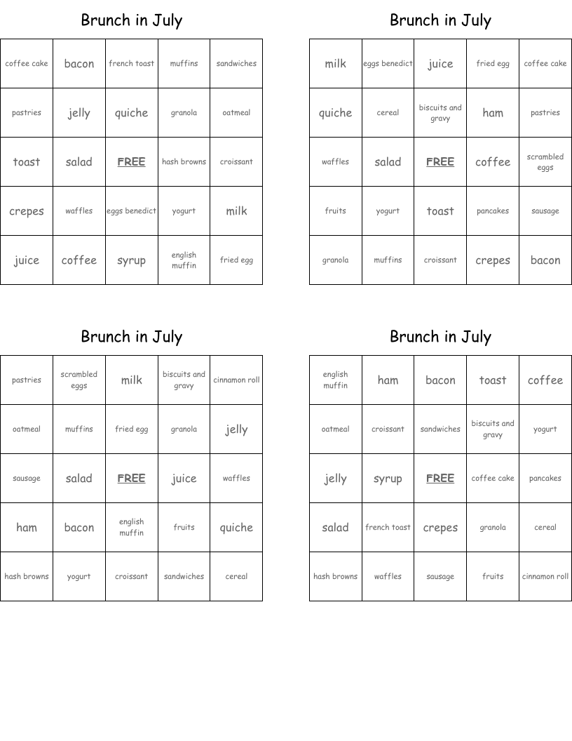 Brunch in July Bingo Cards