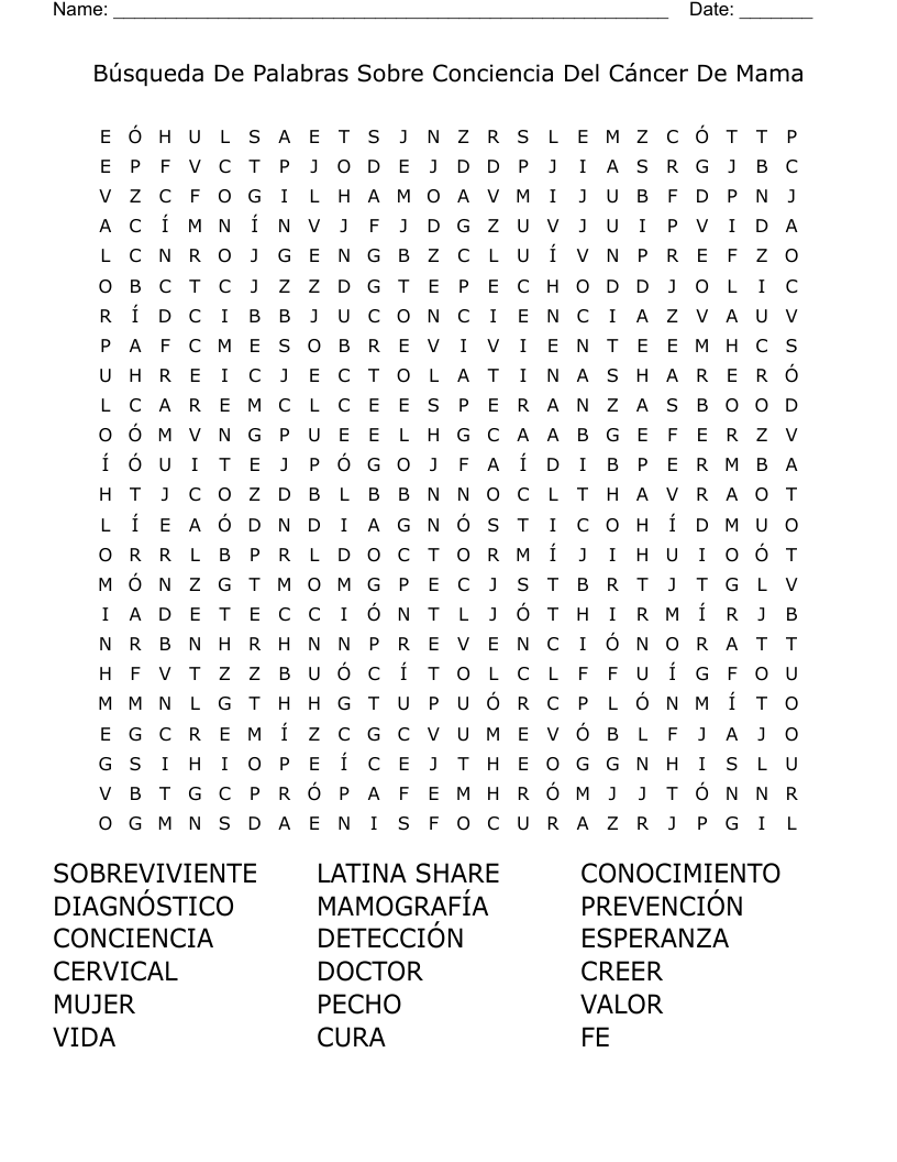 Búsqueda De Palabras Sobre Conciencia Del Cáncer De Mama Word Search