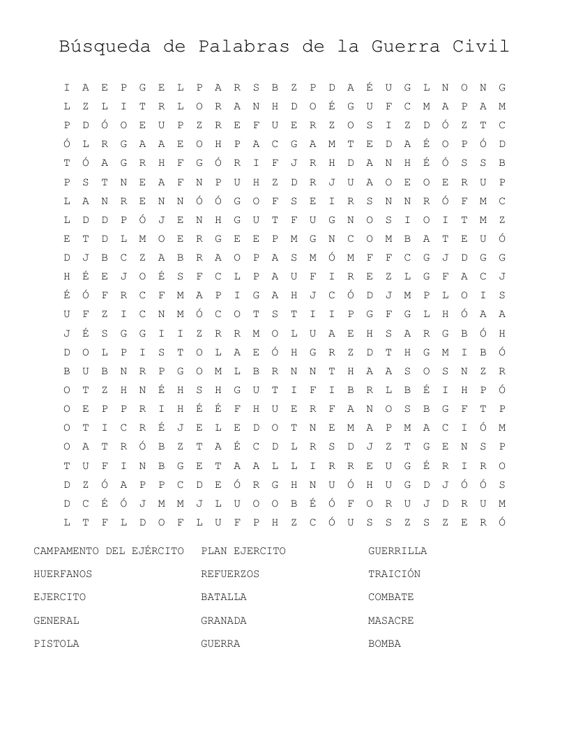 Búsqueda de Palabras de la Guerra Civil Word Search