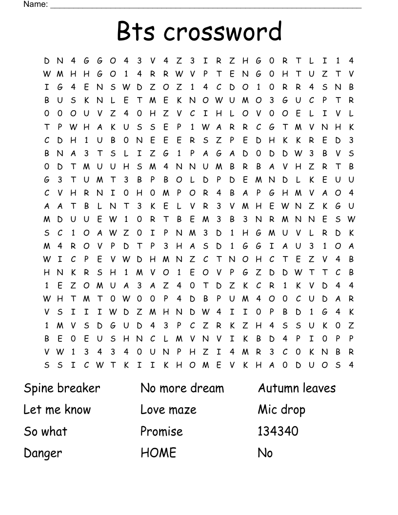 Bts crossword Word Search