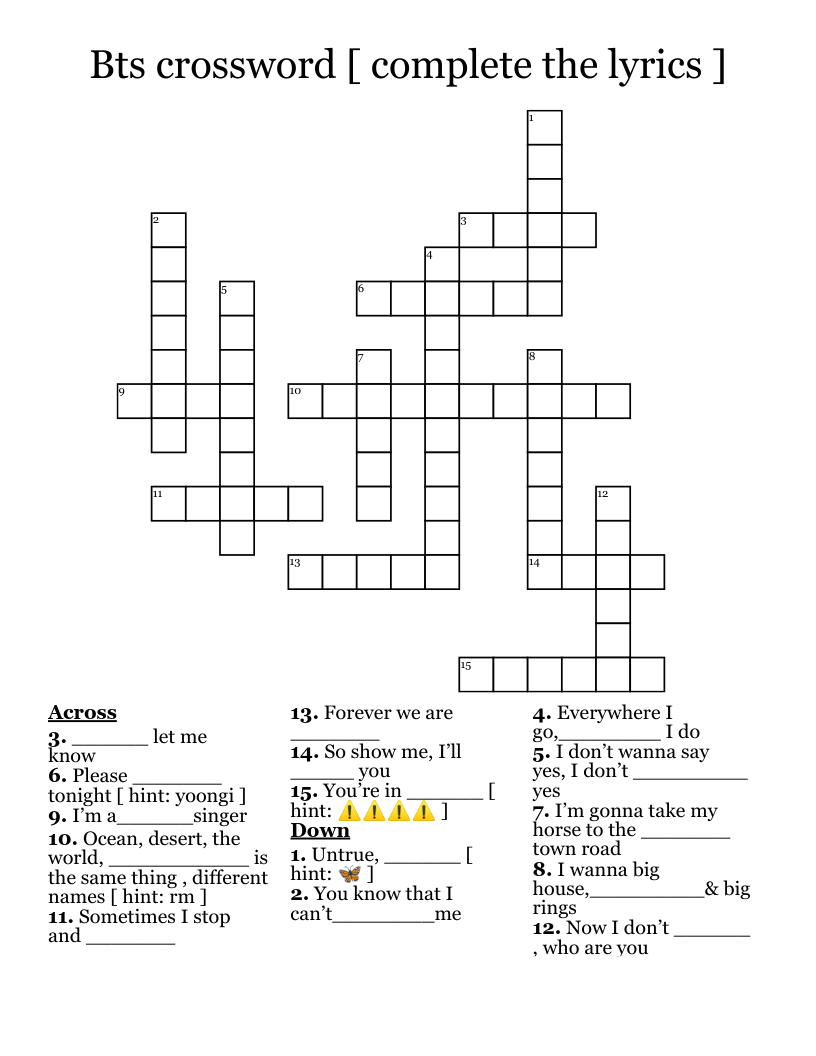 Bts crossword [  complete the lyrics ]