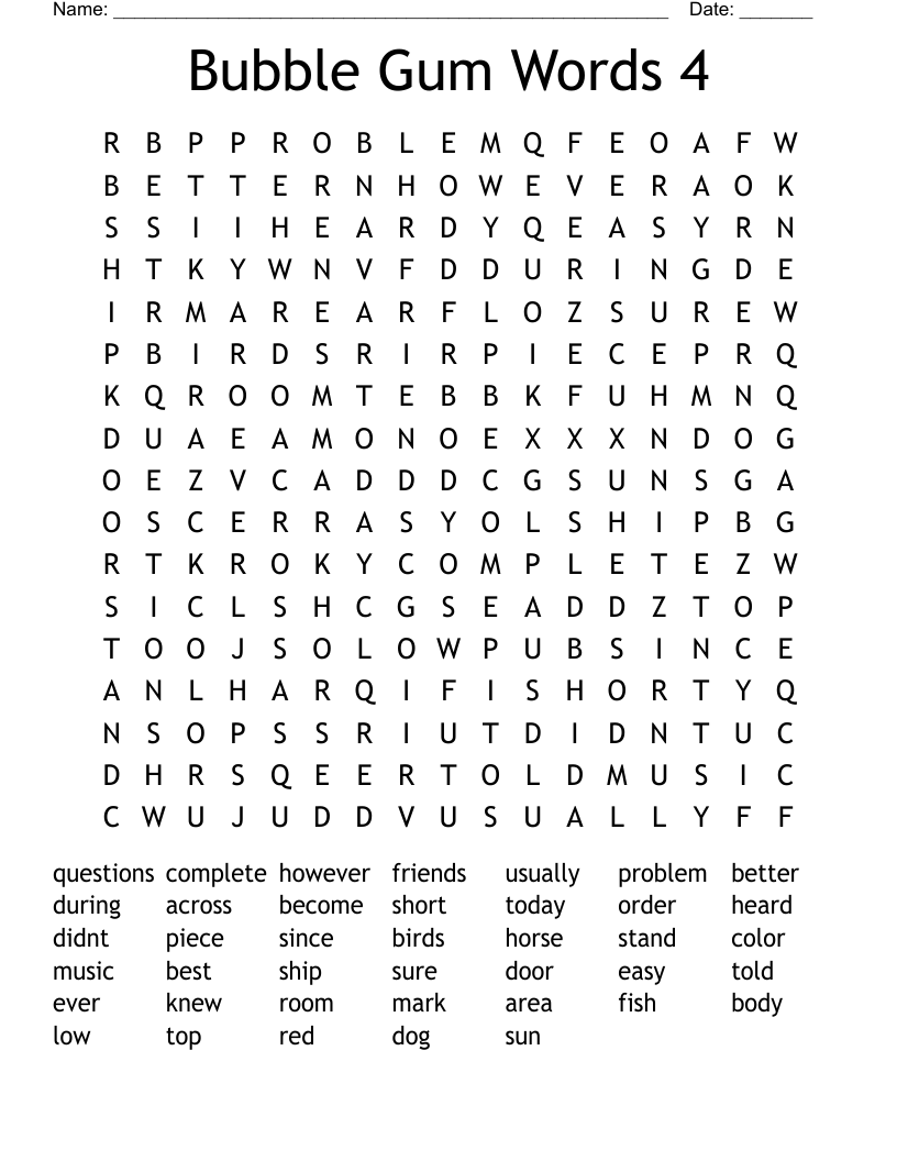 Bubble Gum Words 4 Word Search