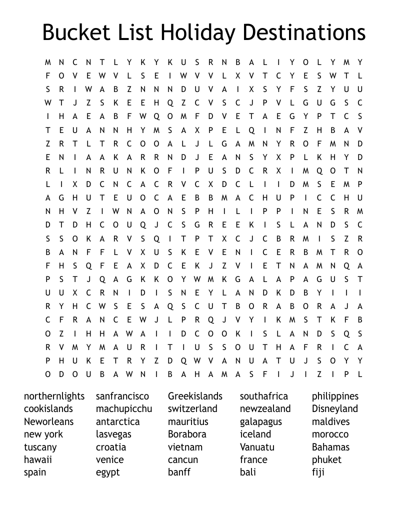Bucket List Holiday Destinations Word Search