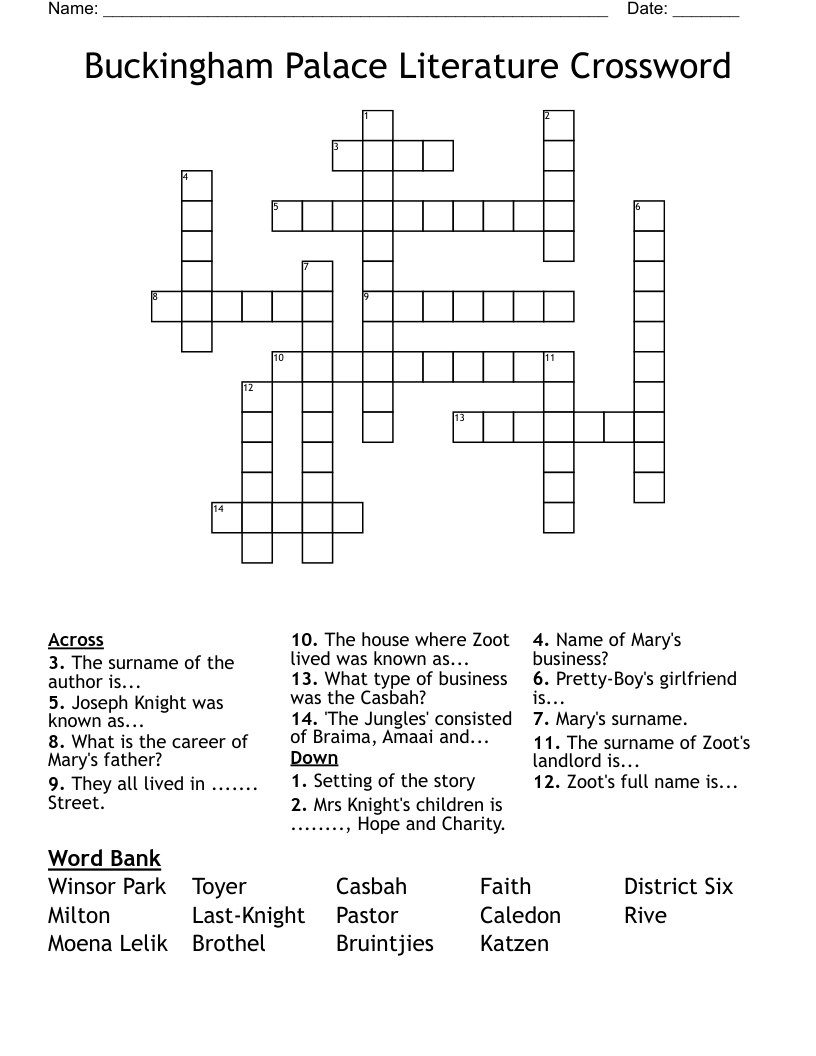 Buckingham Palace Literature Crossword