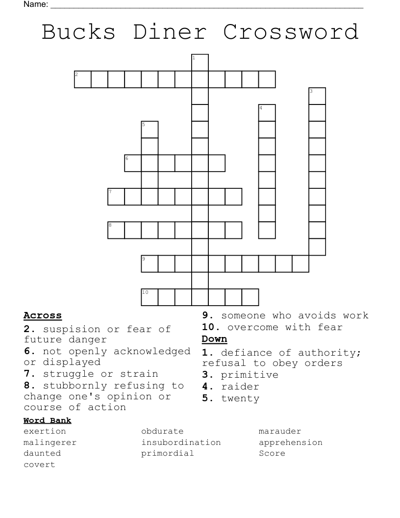 Bucks Diner Crossword