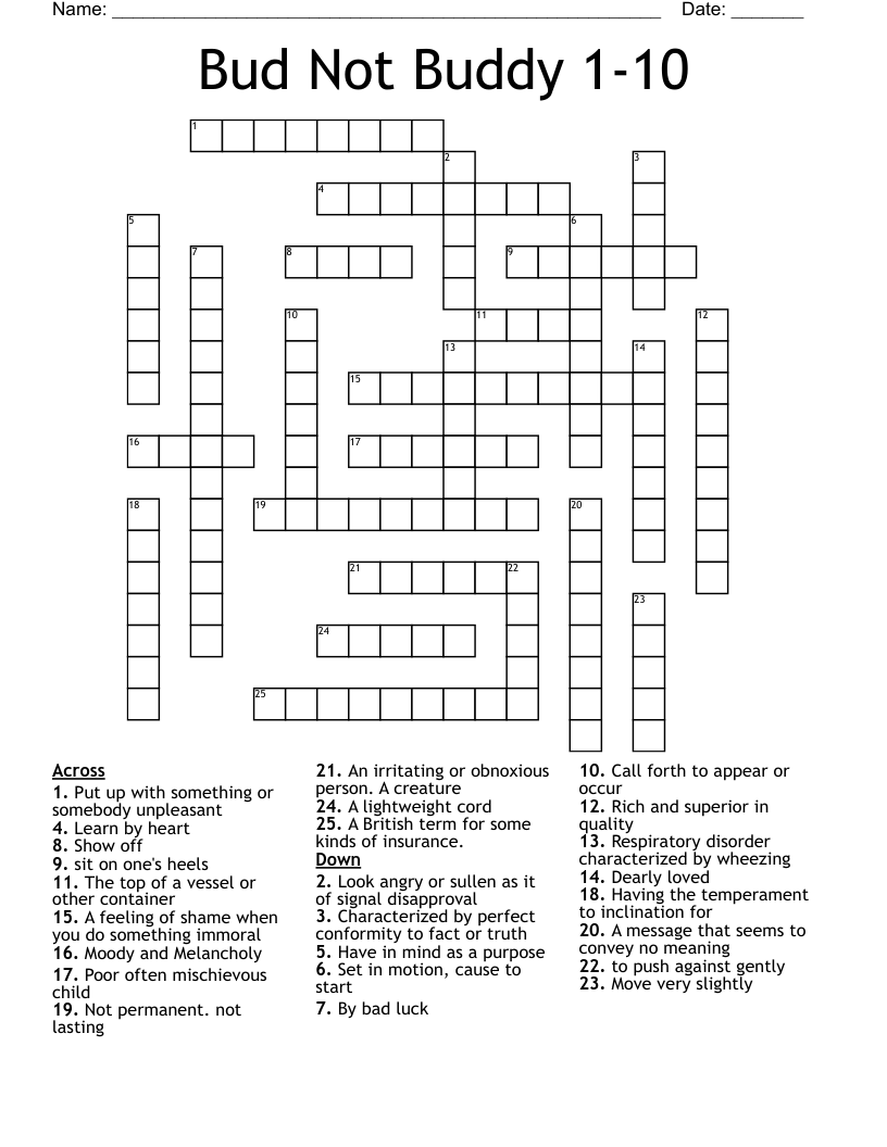 Bud Not Buddy 1-10 Crossword