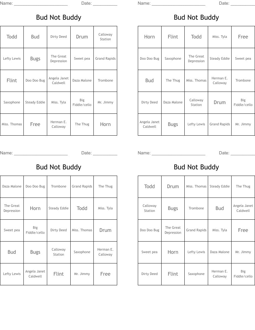 Bud Not Buddy Bingo Cards