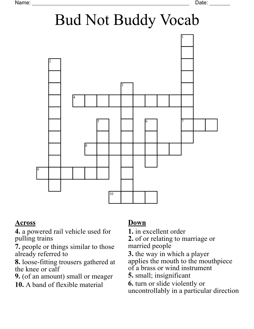 Bud Not Buddy Vocab Crossword