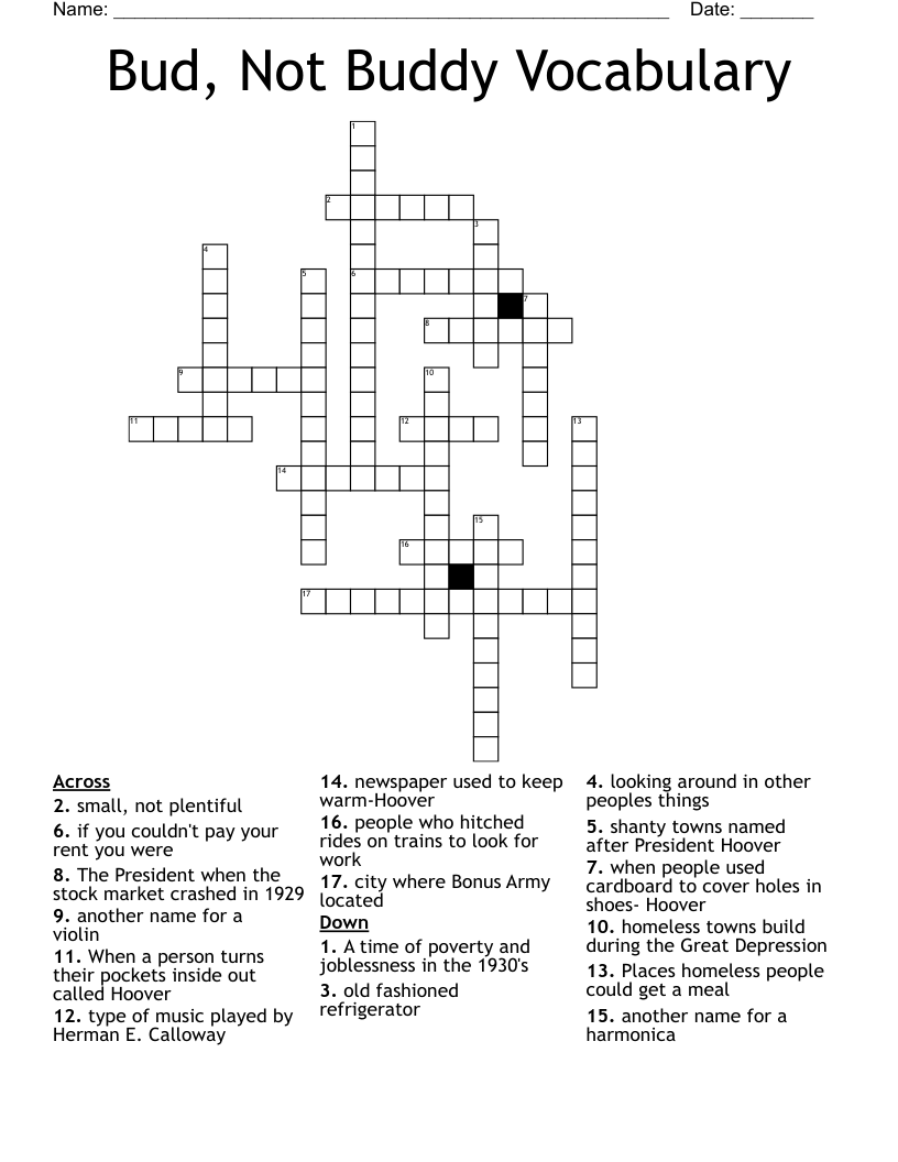 Bud, Not Buddy Vocabulary Crossword
