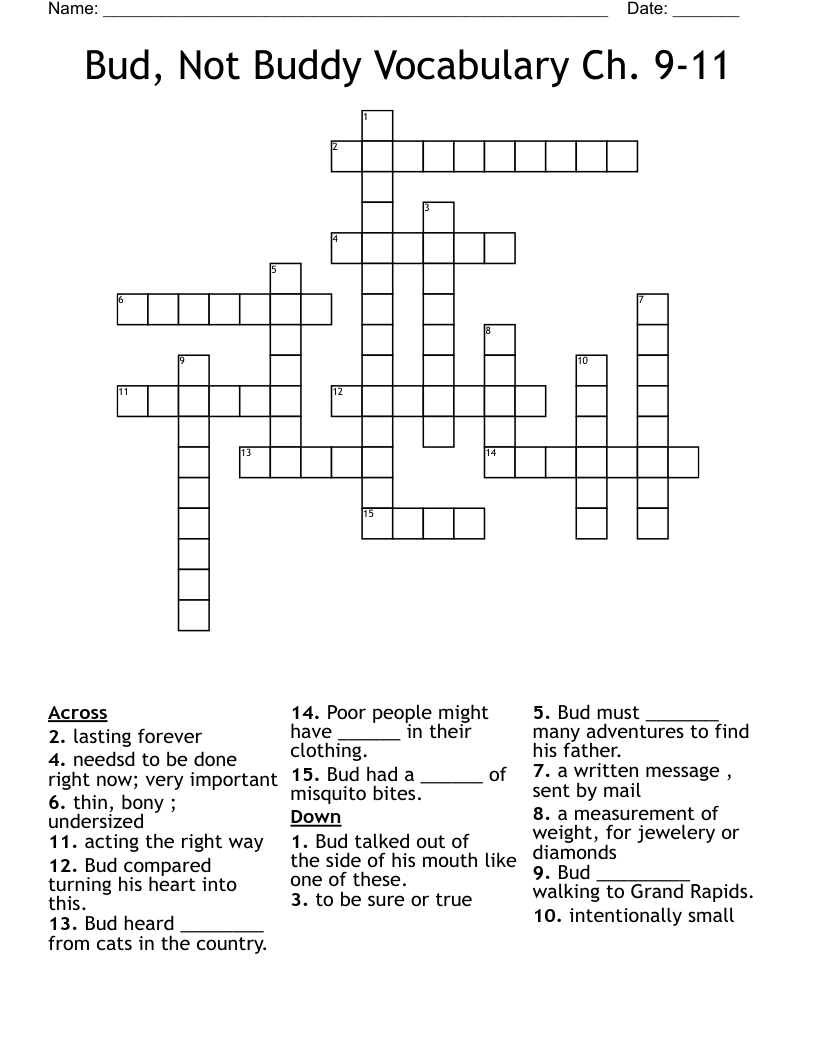 Bud, Not Buddy Vocabulary Ch. 9-11 Crossword