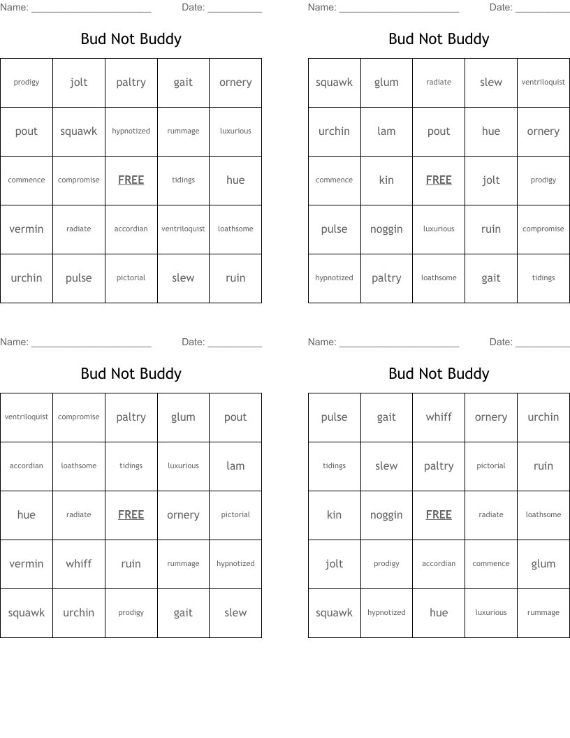 Bud Not Buddy  Bingo Cards