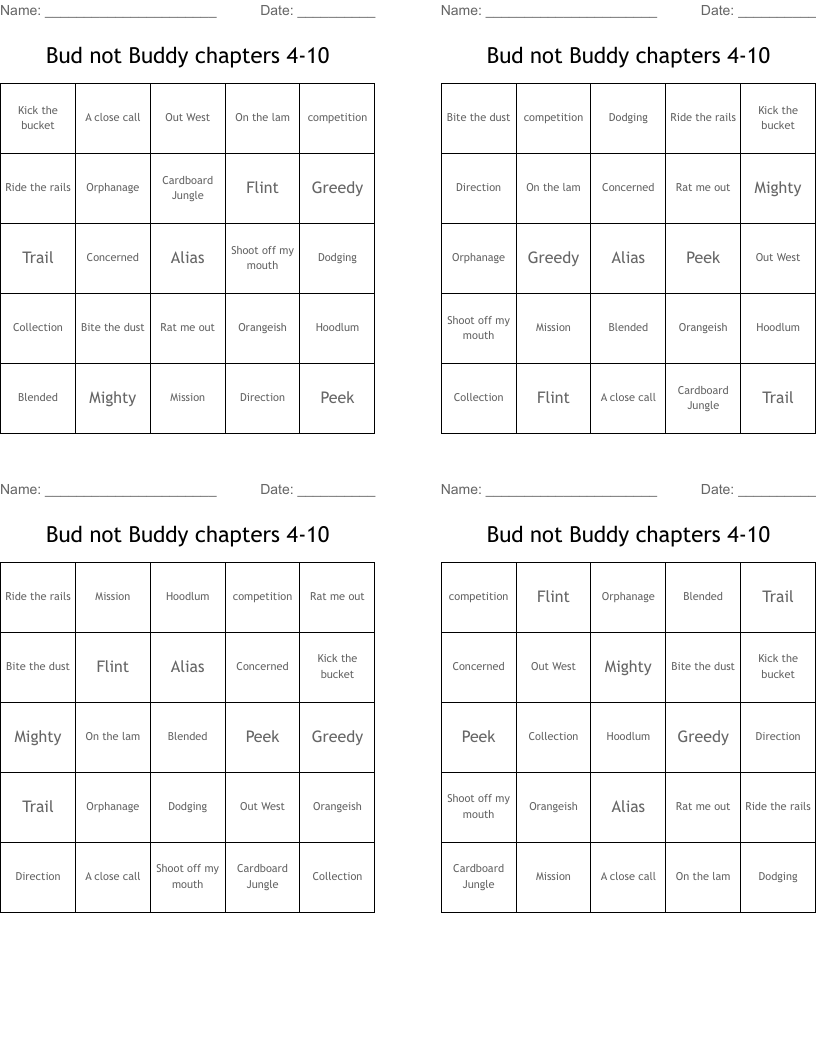 Bud not Buddy chapters 4-10 Bingo Cards
