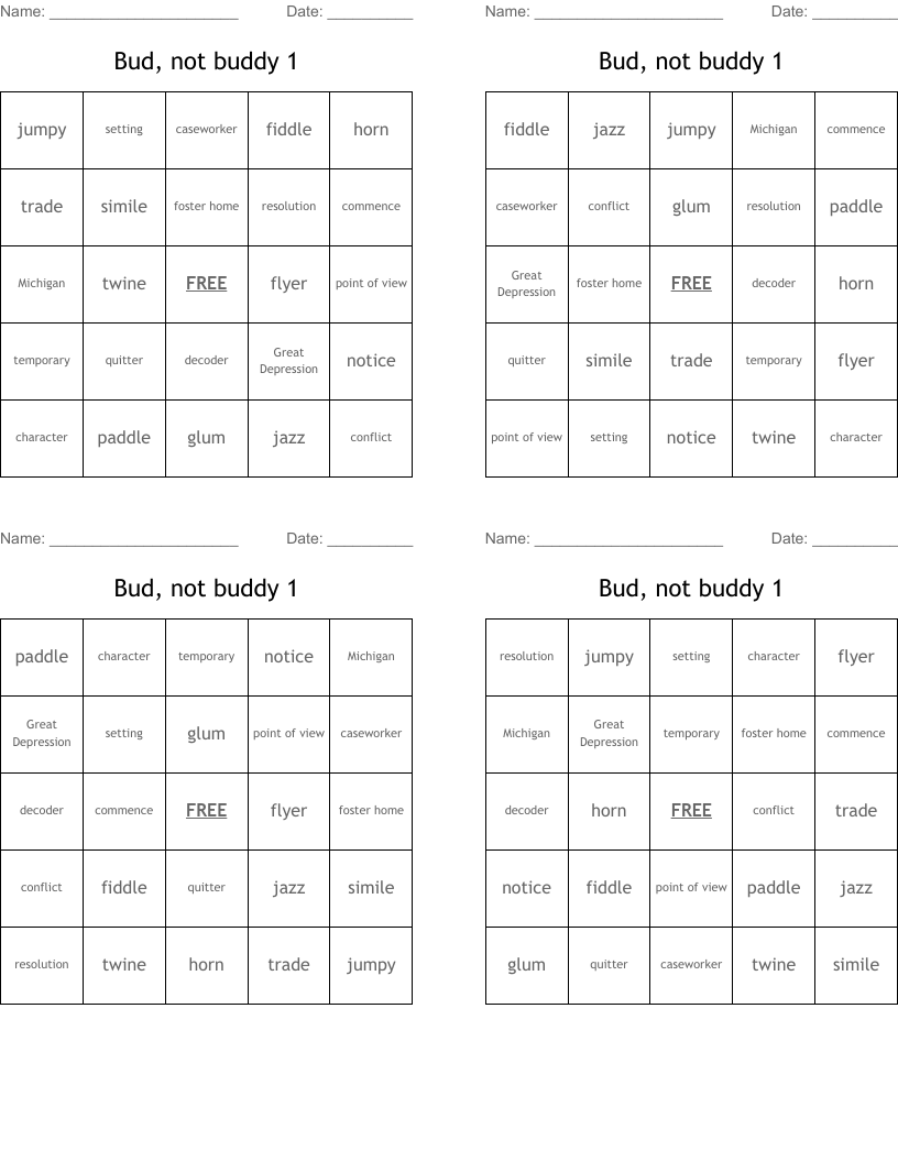 Bud, not buddy 1 Bingo Cards