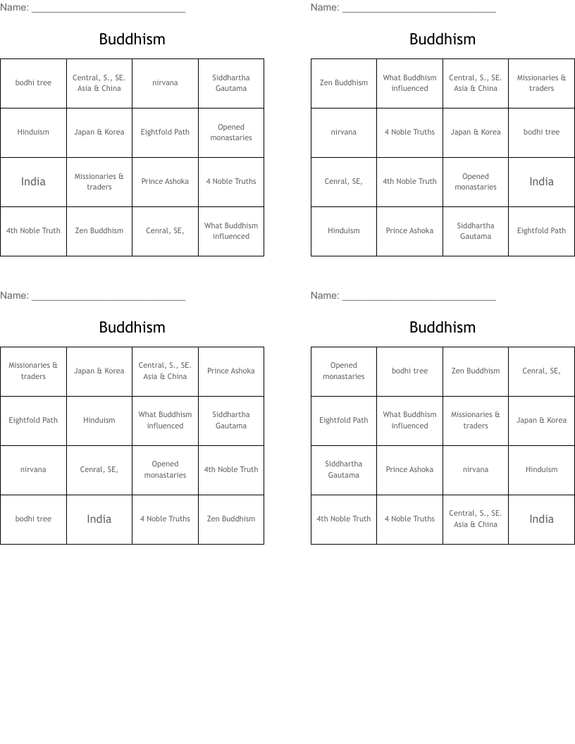 Buddhism Bingo Cards