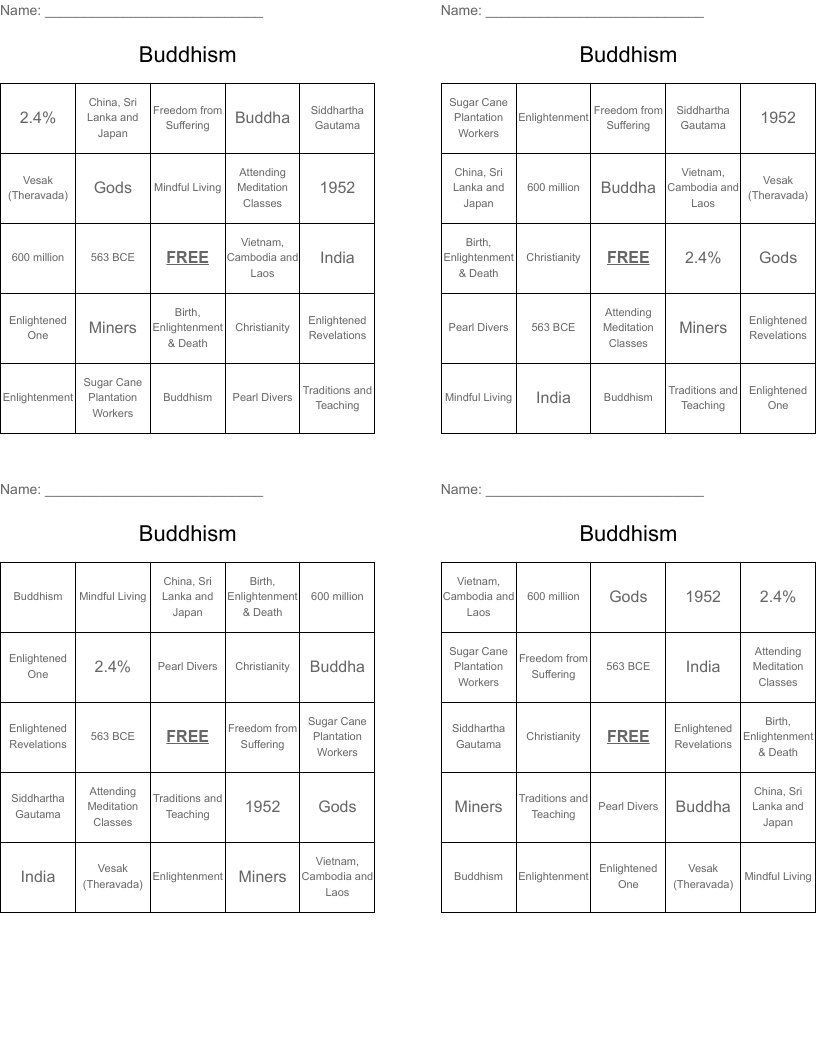 Buddhism Bingo Cards