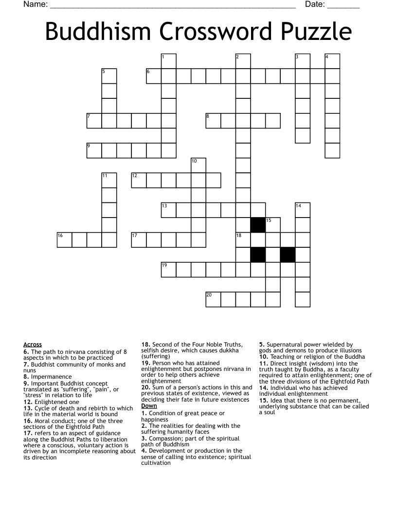 Buddhism Crossword Puzzle 