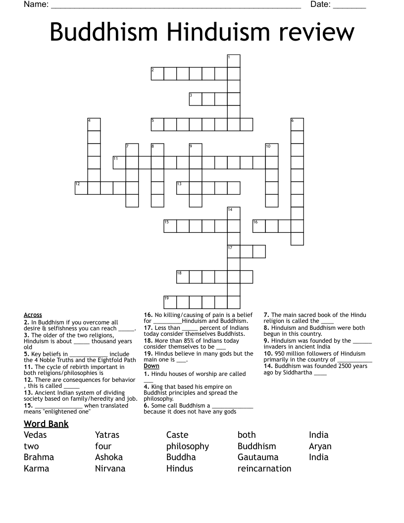 Buddhism Hinduism review Crossword