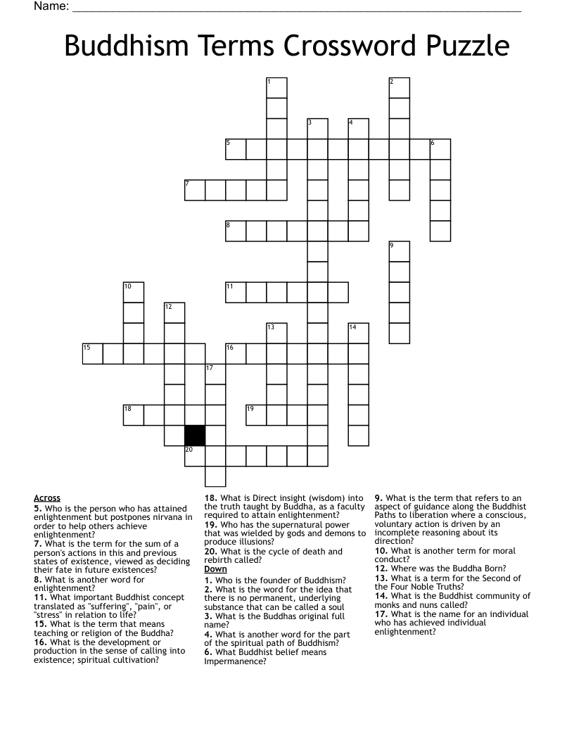 Buddhism Terms Crossword Puzzle 