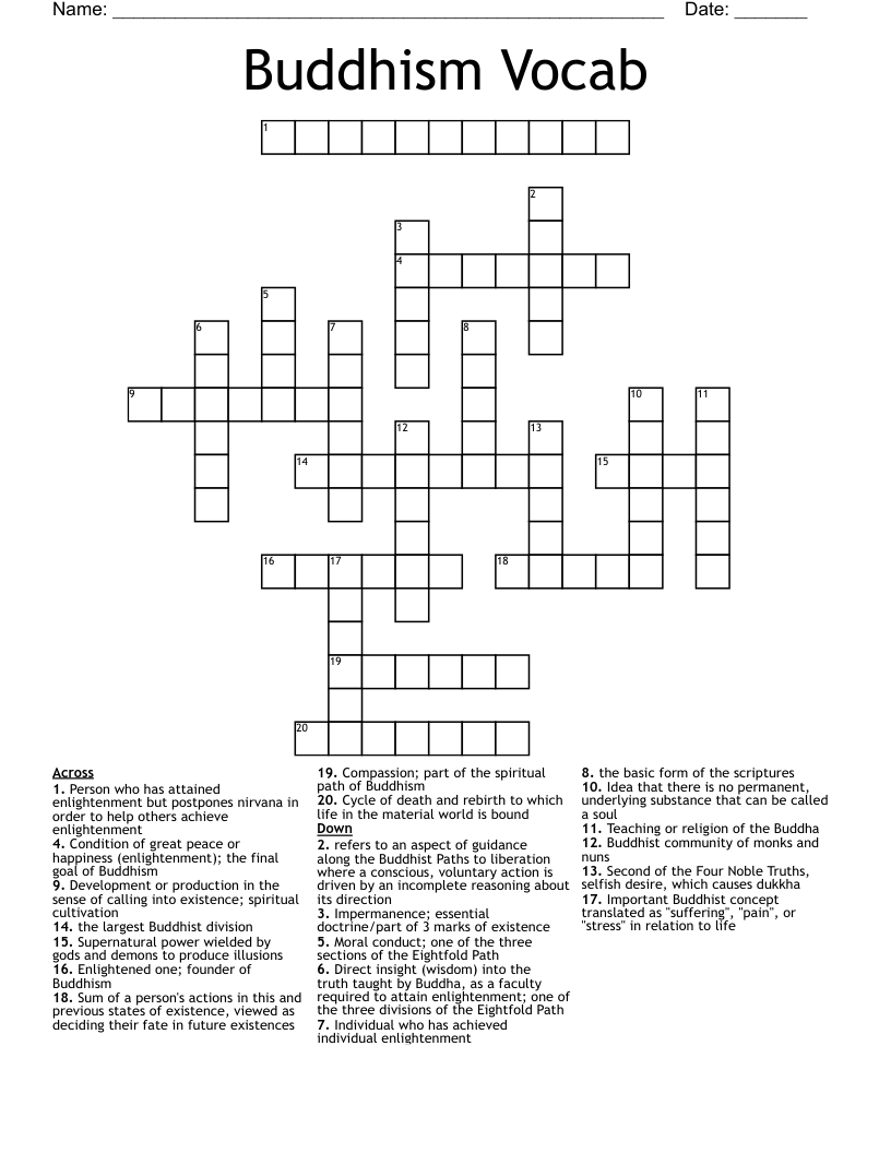 Buddhism Vocab Crossword