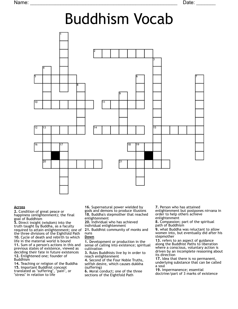 Buddhism Vocab Crossword