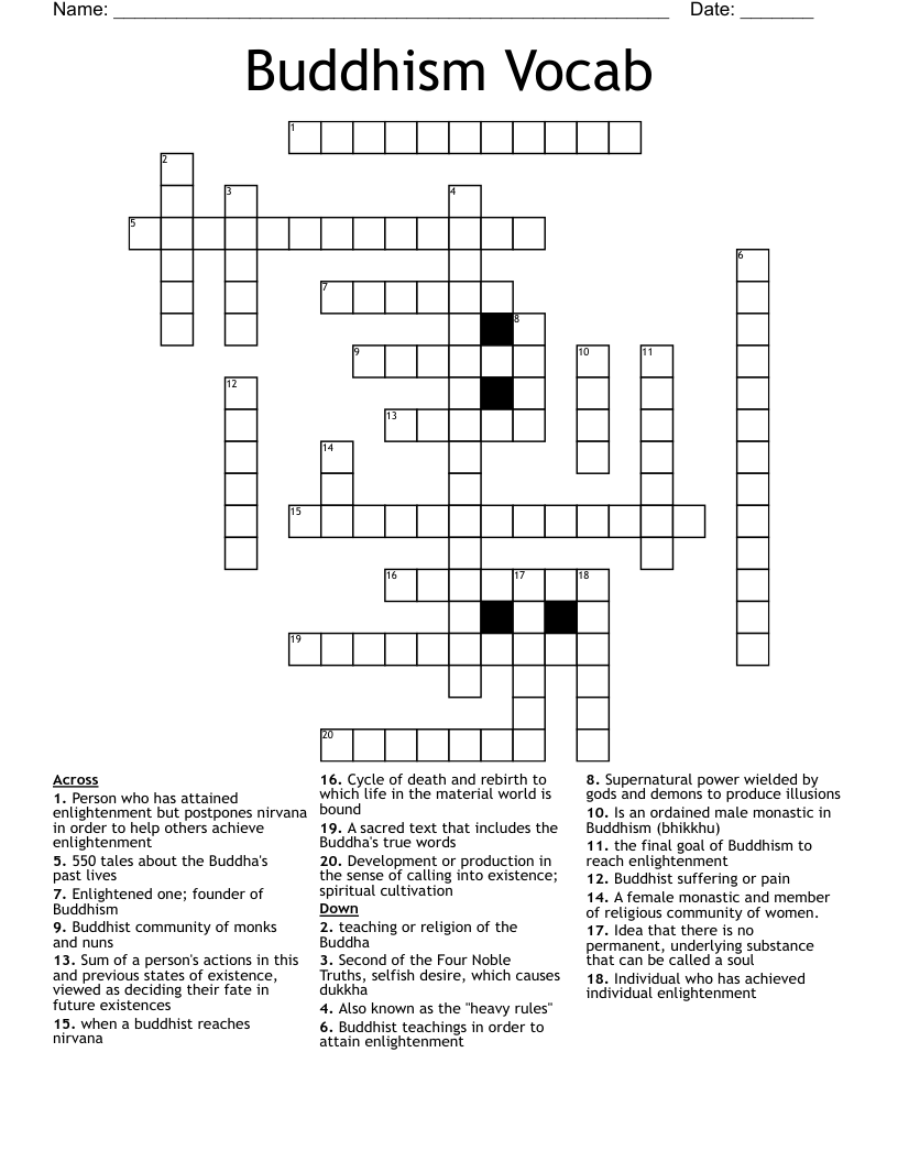 Buddhism Vocab Crossword