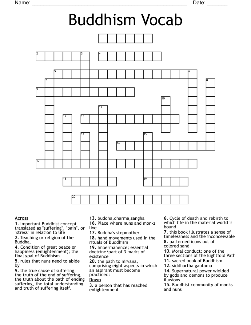 Buddhism Vocab  Crossword
