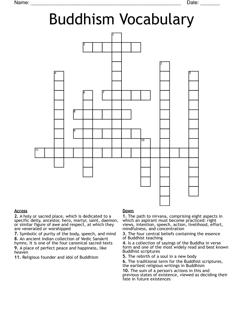 Buddhism Vocabulary Crossword