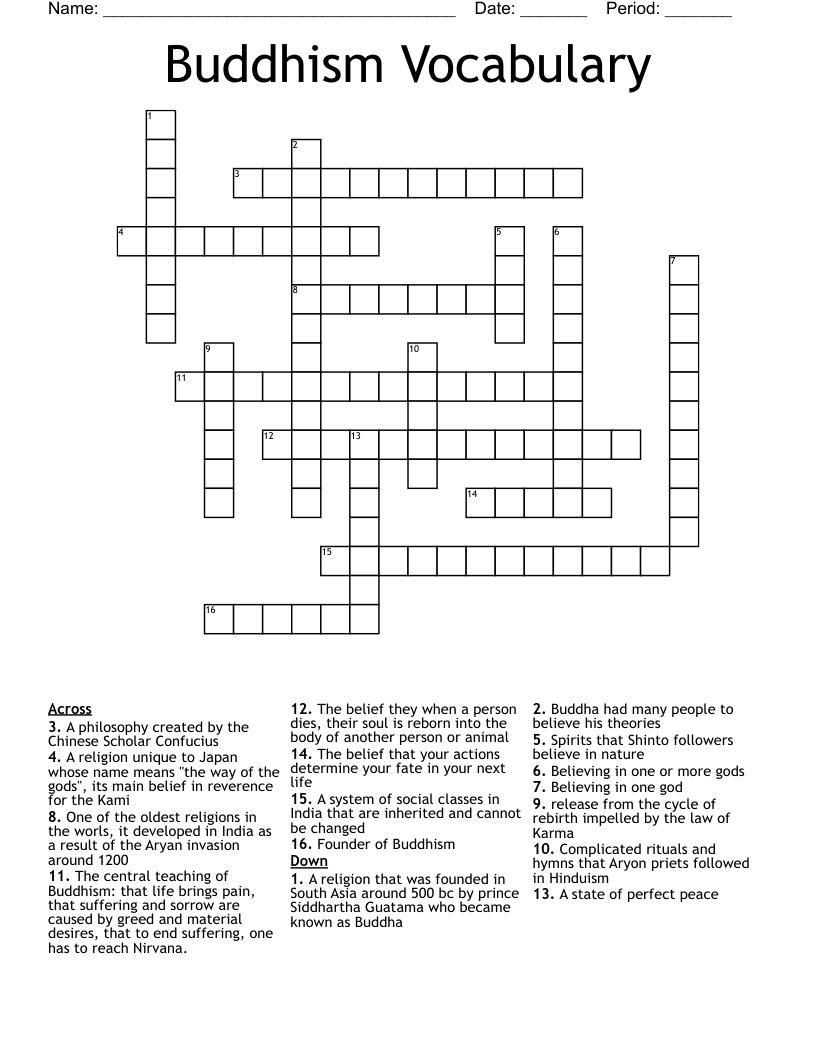 Buddhism Vocabulary Crossword