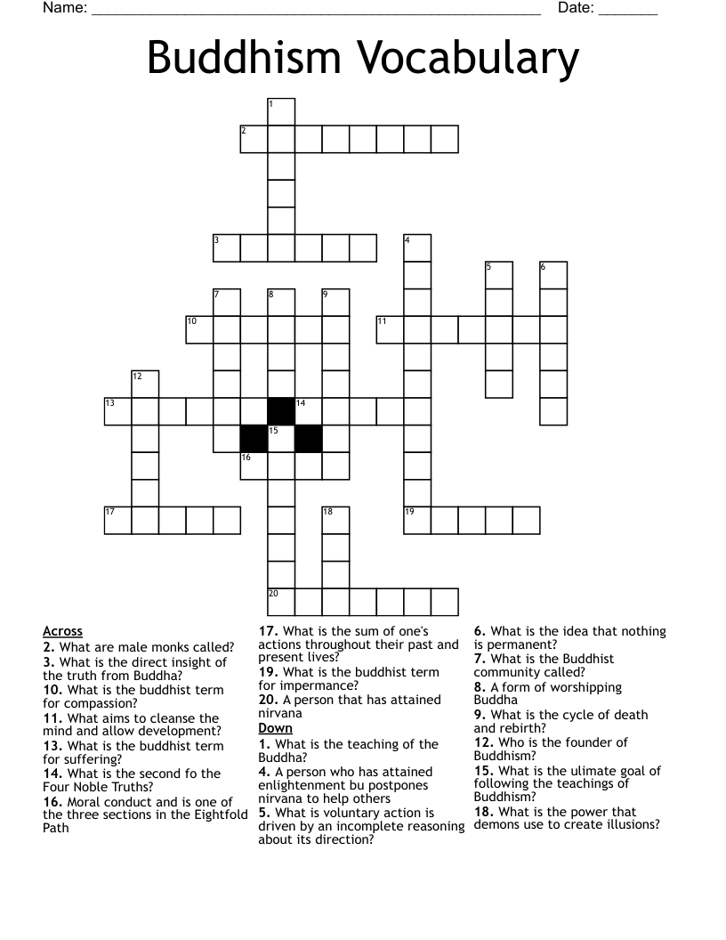 Buddhism Vocabulary Crossword
