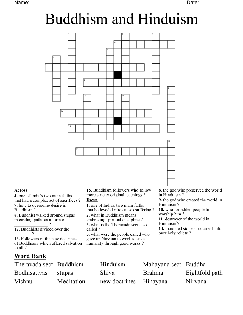 Buddhism and Hinduism Crossword