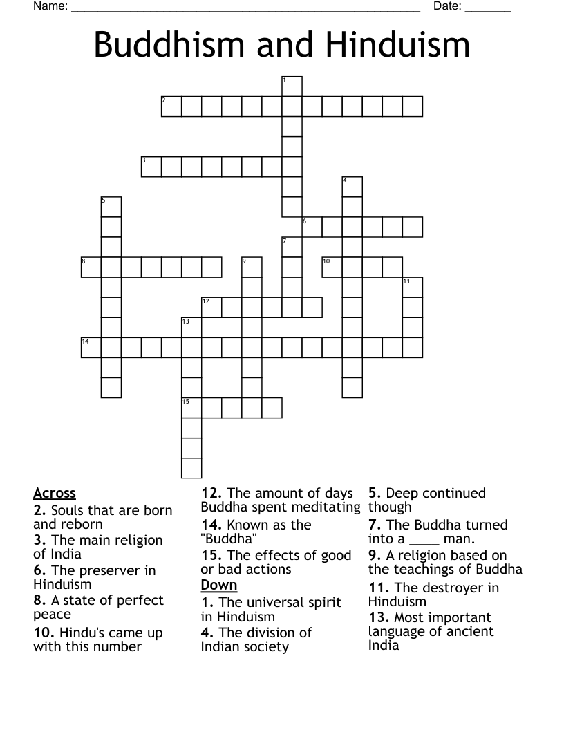 Buddhism and Hinduism Crossword