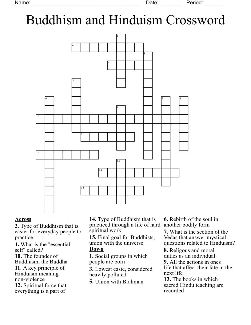 Buddhism and Hinduism Crossword