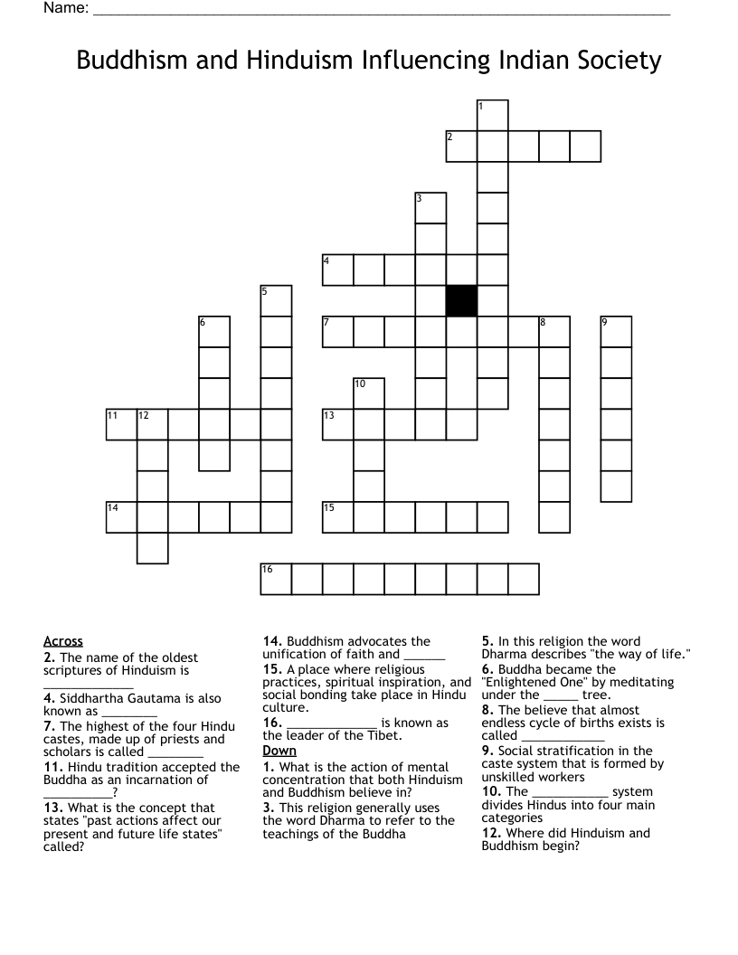 Buddhism and Hinduism Influencing Indian Society Crossword