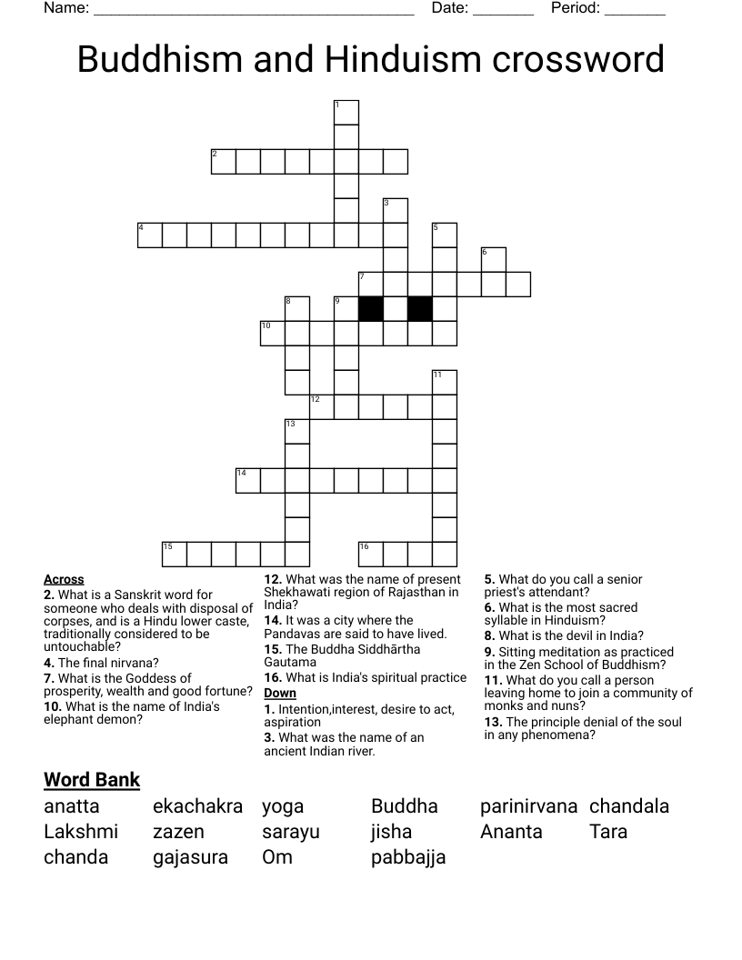 Buddhism and Hinduism crossword