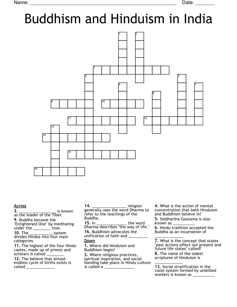 Buddhism and Hinduism in India Crossword
