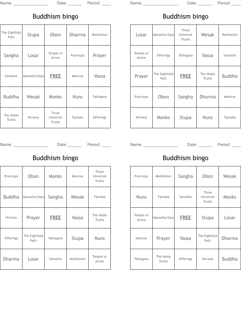 Buddhism bingo