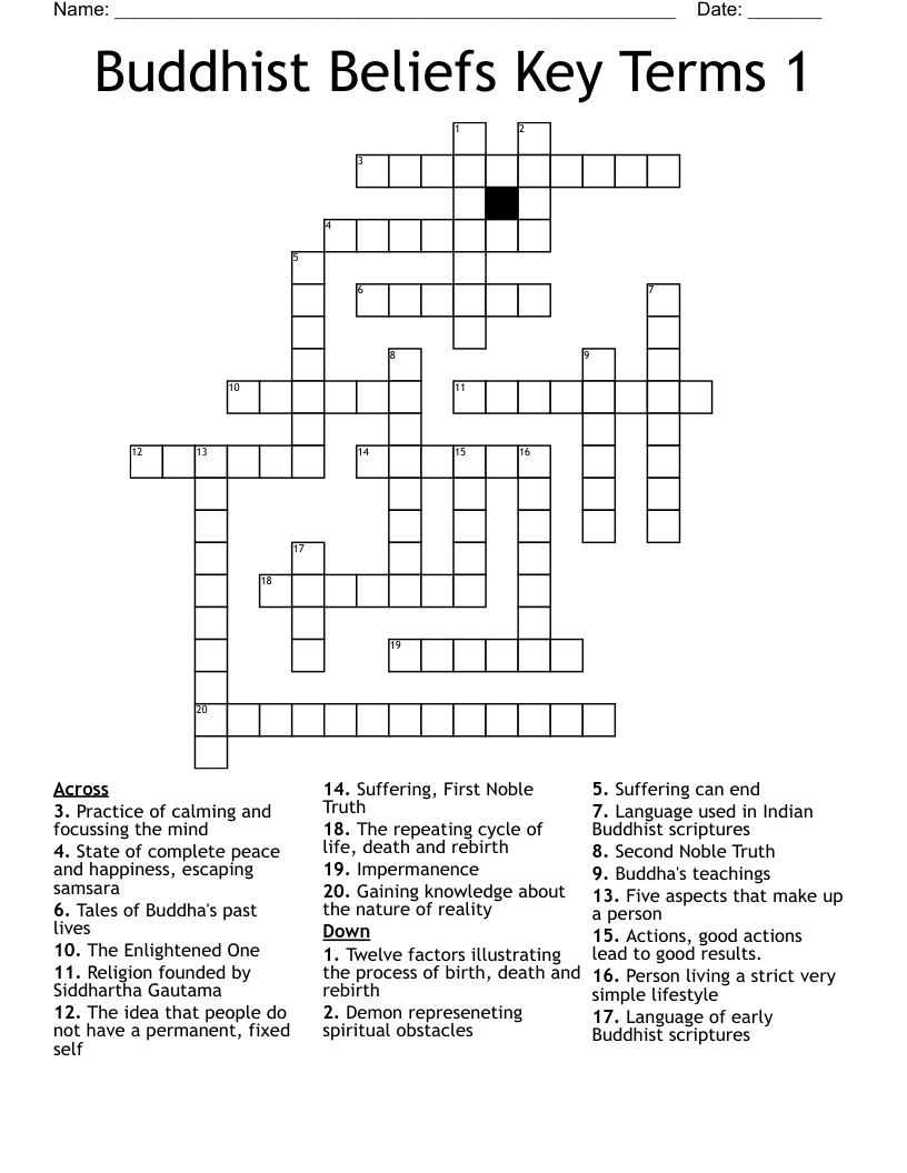 Buddhist Beliefs Key Terms 1 Crossword