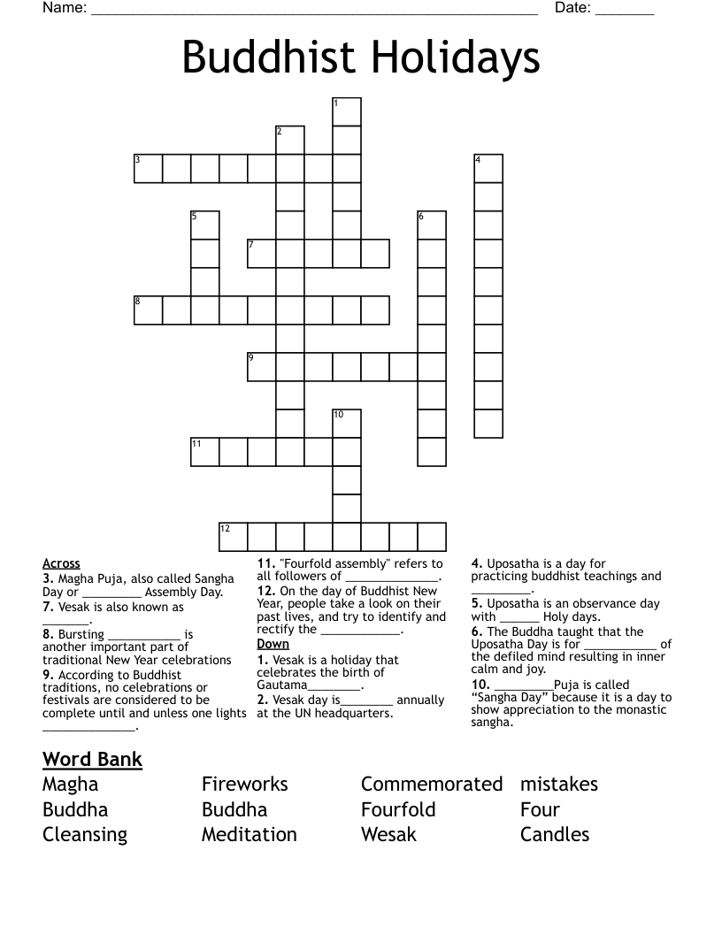 Buddhist Holidays Crossword