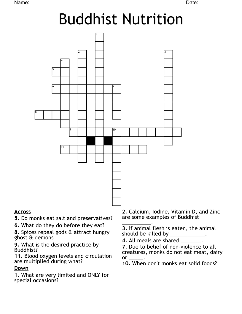Buddhist Nutrition  Crossword