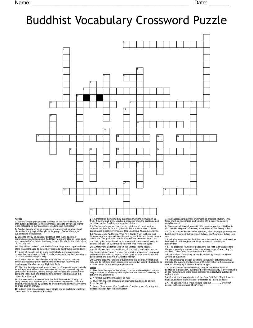 Buddhist Vocabulary Crossword Puzzle