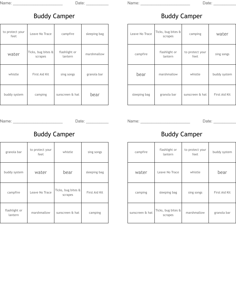 Buddy Camper Bingo Cards