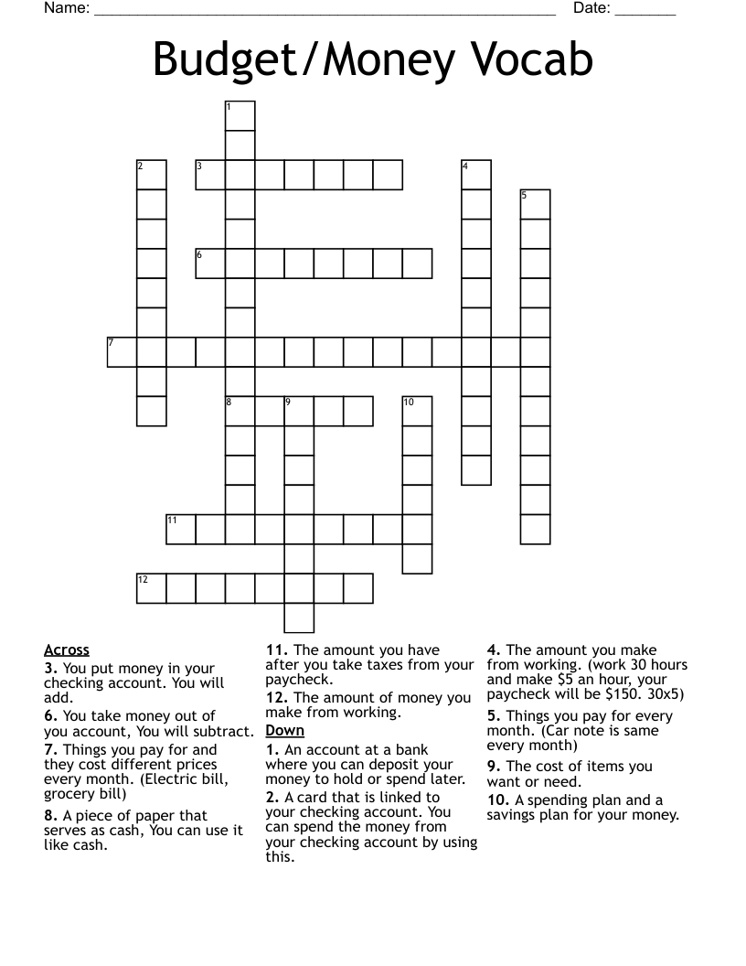 Budget/Money Vocab Crossword