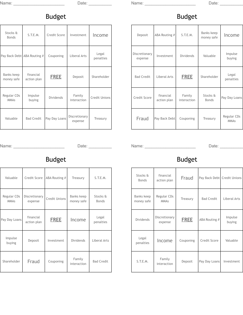 Budget Bingo Cards