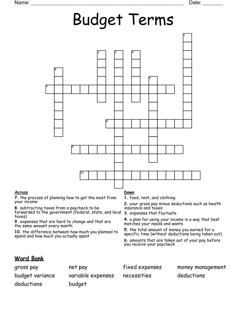 Budget Terms Crossword