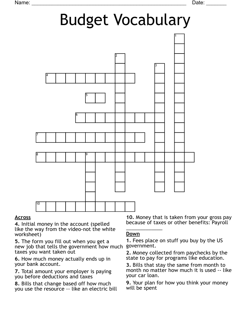 Budget Vocabulary Crossword