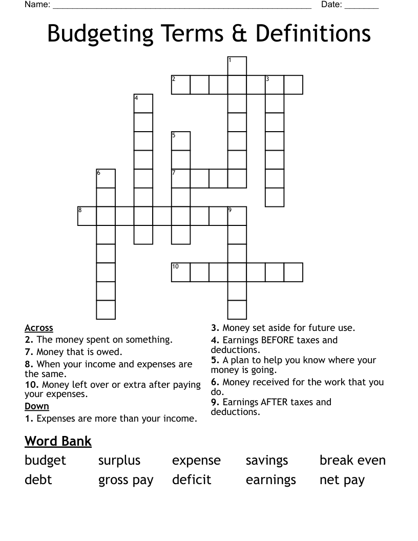 Budgeting Terms & Definitions  Crossword