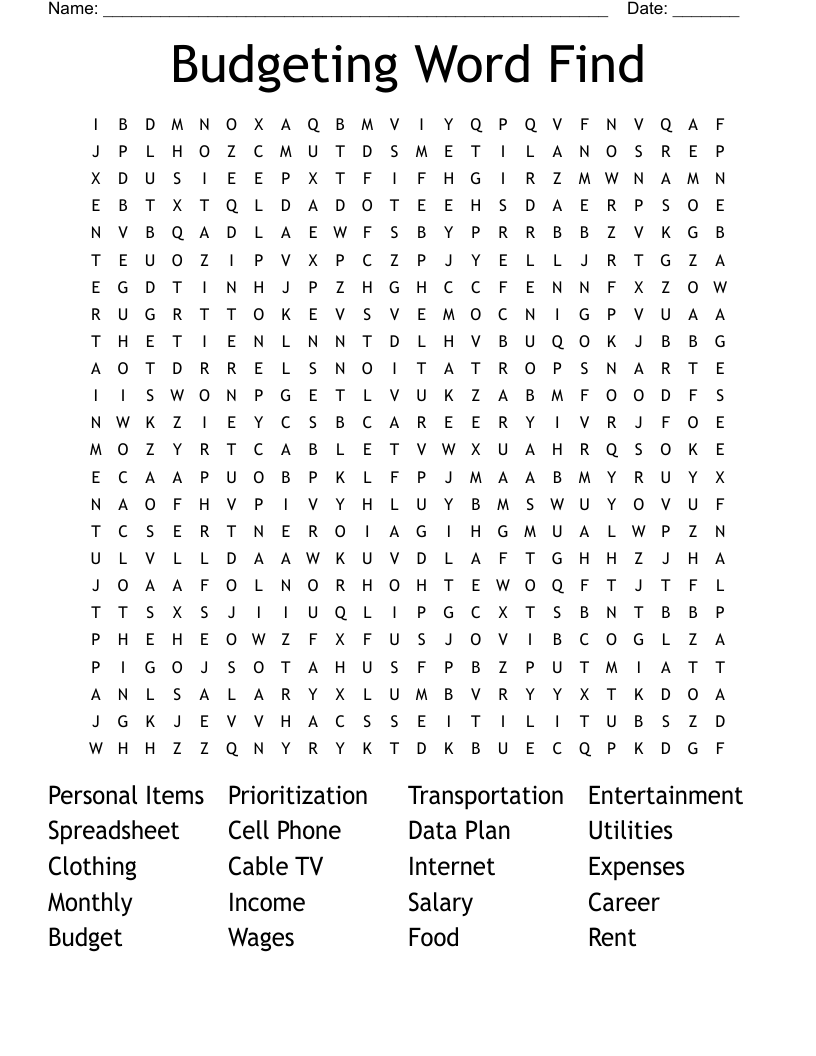 Budgeting Word Find Word Search