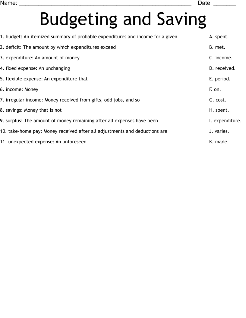 Budgeting and Saving Worksheet