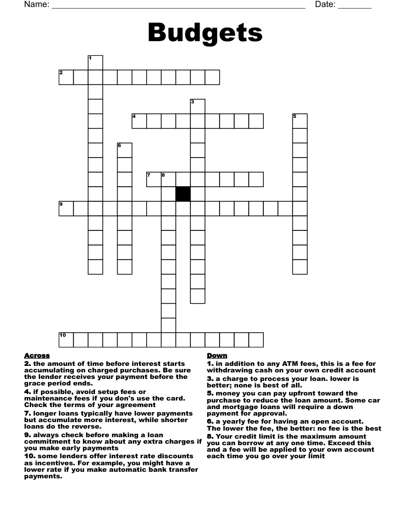 Budgets Crossword