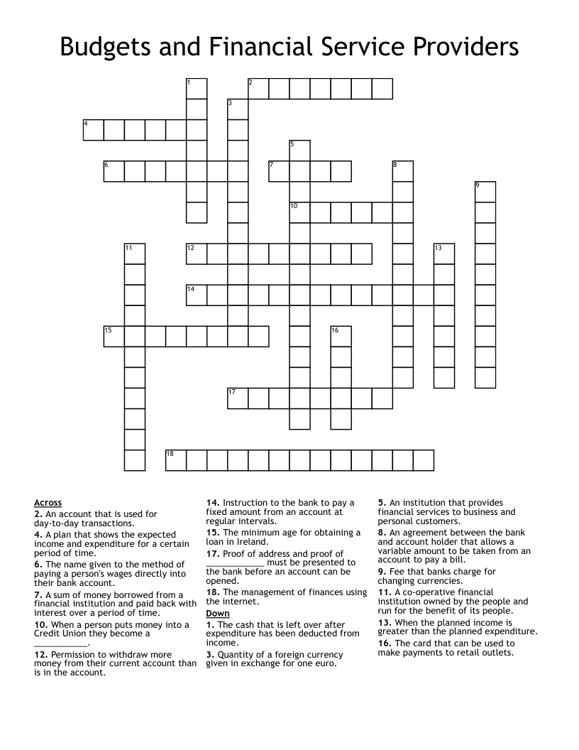 Budgets and Financial Service Providers Crossword